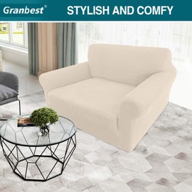 Granbest High Stretch Armchair Covers Super Soft Chair Covers for Living Room Jacquard Sofa Cover for Dogs Non Slip Chair Slipcover with Arms Furniture Protector (1 Seater, Beige)