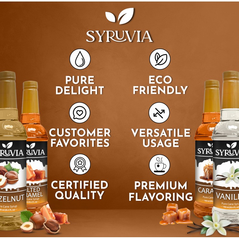 Syruvia Coffee Syrup Variety Pack Vanilla, Caramel, Hazelnut & Salted