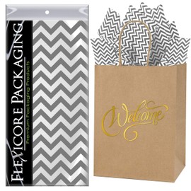 Flexicore Packaging Natural Brown Kraft Paper Welcome Bags & Gray Gift Wrap Tissue Paper | Size: 8 Inch X 4.75 Inch X 10.5 Inch | Count: 5 Bags | Color: Gray Chevron