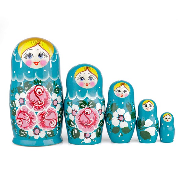 Russian Nesting Dolls, 5 Traditional Biryuzovaya Nesting Dolls | Wooden Babushka Toy Gift, Turquoise Design with Pink Flowers, Handmade in Russia | Biryuzovaya, 5 Pieces, 18 cm