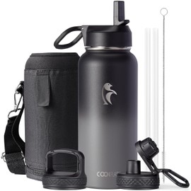 Water Bottle 32 oz Insulated with Straw, Coolflask Stainless Steel Metal 3 Lids Water Flask Wide Mouth for Sports or Office, Non-BPA Keep Cold Up to 48 Hrs or Hot Up to 24 Hrs, Piano Night