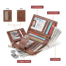 SENDEFN Small Purse for Women Leather Bifold Multi Mini Card Holder Organizer Ladies Purse Zipper Coin with Removable ID Window