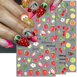 IDDFEVE Embossed Fruit Nail Art Stickers - 5D Cherry Strawberry and Half-Cut Lemon Orange Design Self-Adhesive Nail Decals for Little Girls Kids DIY Summer Manicure (3 Sheets)