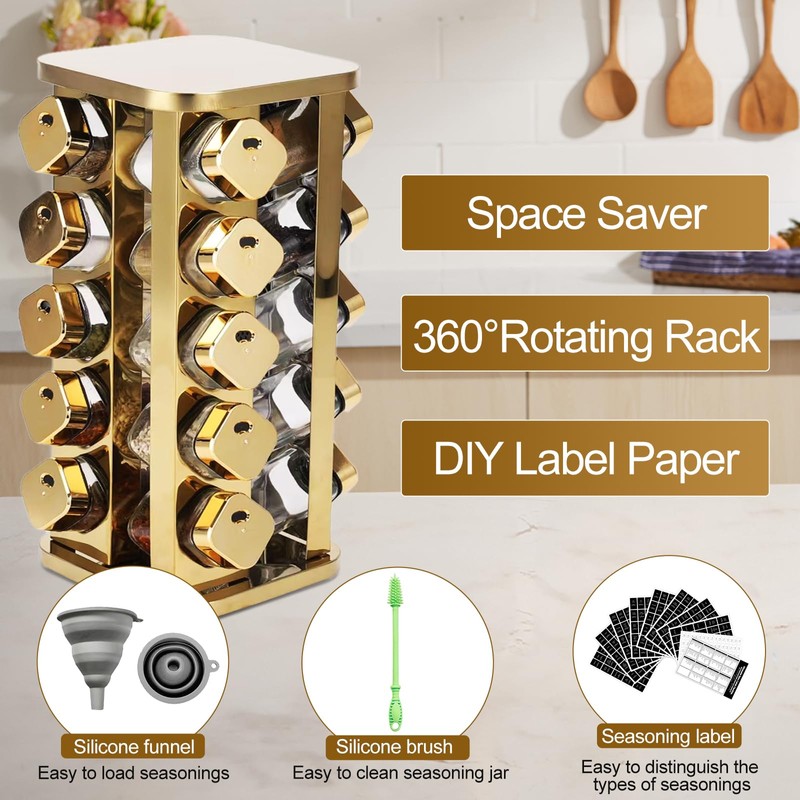 Kitchen stainless steel spice rack with 20 food grade glass