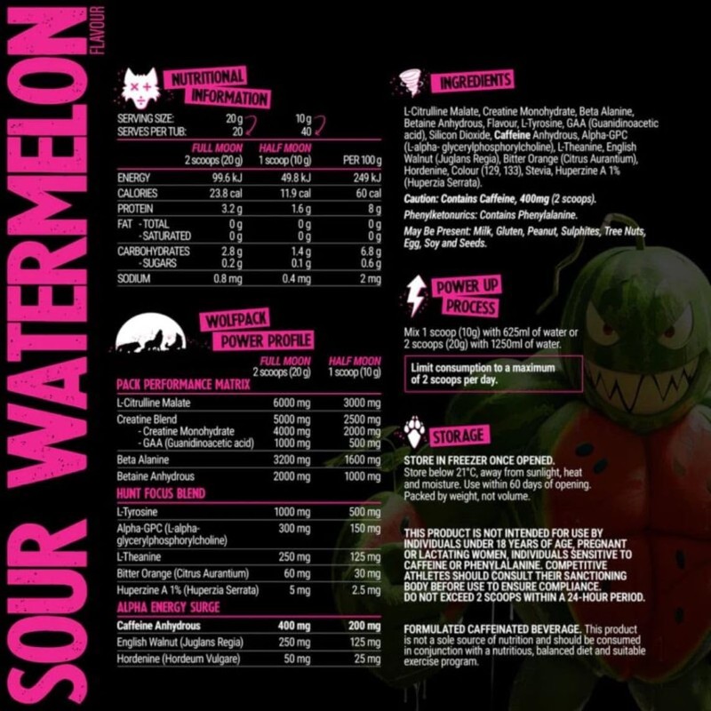 Black Wolf Pre 40 Serves Sour Watermelon Extreme Potency Pre-Workout