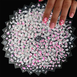 30 Sheets White Flower Nail Stickers Pink Cherry Blossom Nail Designs Hearts Nail Decals Moon Butterfly Cat Plant 3D Self-Adhesive Summer Nail Art Decoration for Women DIY Manicure