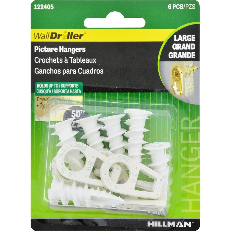 Hillman Large 122405 Self-Drilling Wall Driller Picture Hangers 50lbs Package
