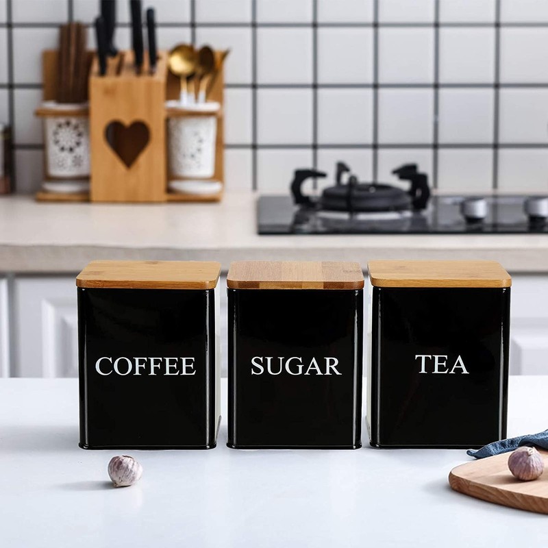 Bekith 3 Pack Tea Sugar Coffee Canister Set with Bamboo