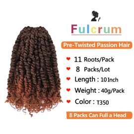 Fulcrum Pre-Twisted Passion Twist Crochet Hair 10 Inch, 8 Packs Pre Looped Passion Twist Braiding Synthetic Hair, Bohemian Braids For Crochet Pretwisted Hair Extensions (10Inch (Pack of 8), T350#)