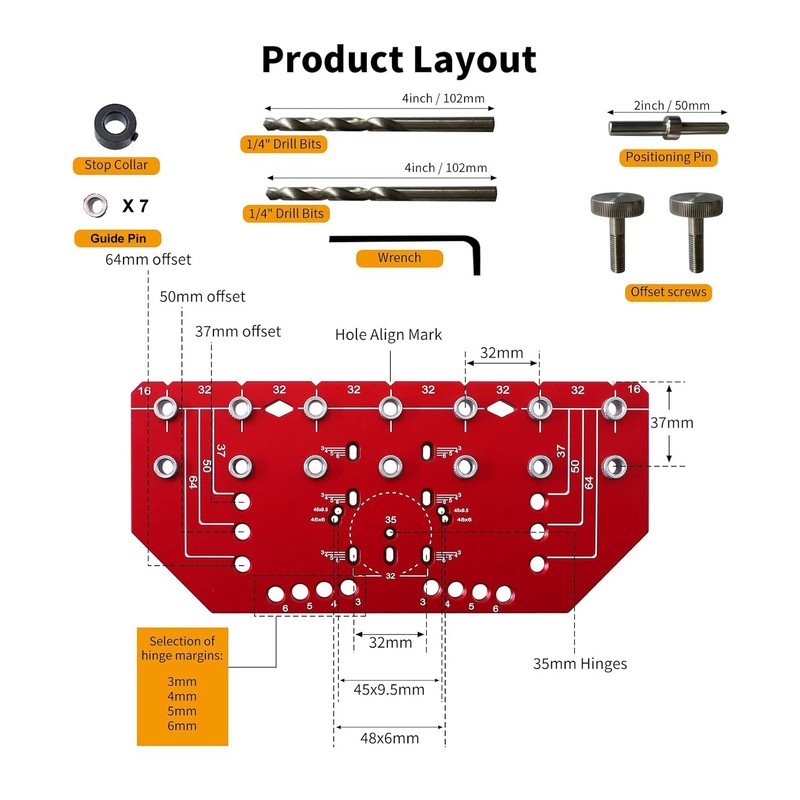 Shelf Pin Drilling Jig 2 in 1 35mm Aluminum Alloy