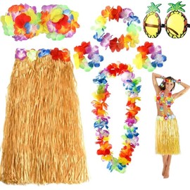 Meiruier 7-Piece Hawaiian Party Costume Set, Hawaiian Costume Women, Fancy Dress Costumes Women for Beach Party Decoration and Pineapple Sunglasses Beach Party Decoration (Yellow-1)