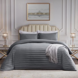 Lifewit Single Duvet Cover Set, Satin Stripe Reversible Soft Quilt Cover Bedding Set with 1 Pillowcase, 135 x 200 cm, Grey
