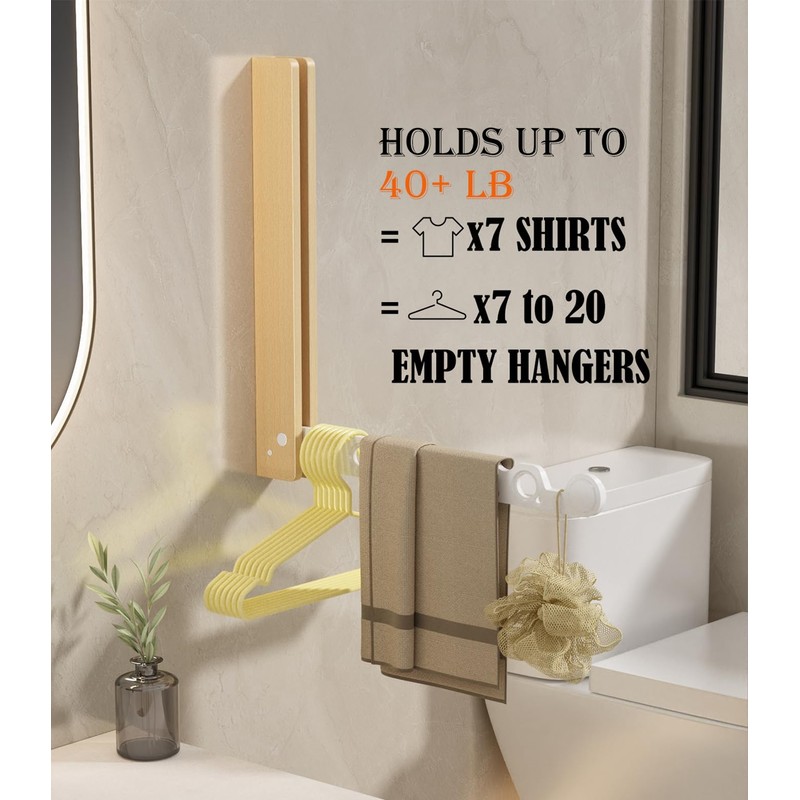 Natural Wood Folding Clothes Hanger Rack for Laundry Room, Wall