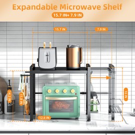DOLALIKE Microwave Oven Rack, Expandable Microwave Stand Countertop Kitchen Utensils Tableware Storage, Carbon Steel Over Microwave Shelf Countertop with 6 Hooks