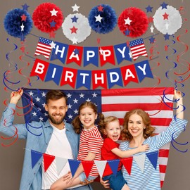 Blue White Red Happy Birthday Banner American Birthday Banner Kit for 4th of July HBD Party Decorations American Independence Day Patriotic USA Memorial Day Party Decoration Supplies