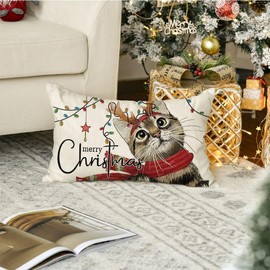 RABUSOFA Christmas Pillow Covers 12x20 Inch,Merry Christmas Throw Pillows,Cat Decorative Pillowcase,Xmas Winter Farmhouse Holiday Chirstmas Decorations Cushion Covers for Home Sofa Couch Red White(50)