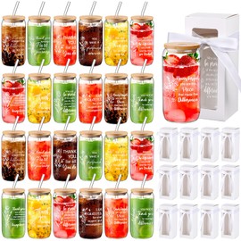 Ziliny 24 Set Thank You Gifts Employee Appreciation Gifts for Staff Coworker Christmas Gifts 16 oz Glass Cups with Lids and Straws with Gift Box Ribbon for Friends Teacher Nurse(Floral and Team)