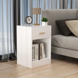 LAPTAIN Nightstand with Charging Station, End Side Table with Storage Drawer and Open Cabinet, Bedside Table for Bedroom, White