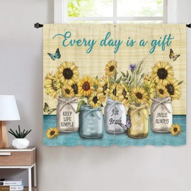 Miyotaa Rustic Farmhouse Sunflower Kitchen Window Curtains 2 Panels 27.5W x 39H Rod Pocket Quotes Inspirational Motivational Positive Yellow Teal Small Short Door Decor Bathroom Drapery Treatment