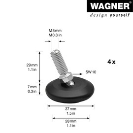 WAGNER Set of 4 Adjustable Foot / Levelling Foot with Ball Joint Diameter 37 mm, Black, Threaded Screw M8 x 25 mm, Furniture Glides - Wool Felt Ultrasoft - Diameter 30 mm Included - Made in DE - 15415100