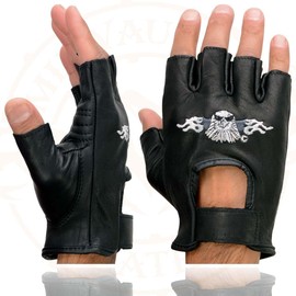 Milwaukee Leather SH352 Men's Black Leather Gel Padded Palm Fingerless Motorcycle Hand Gloves W/ ‘Embroidered Flaming Eagle’ - Medium