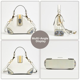 ZHIYONG Shoulder Bags for Women, Genuine Leather Shoulder Bag for Women Hand Carved Painted Leather Clutch Saddle Bag with 2 Removable Strap Cute Hobo Tote Handbag Purse (White)