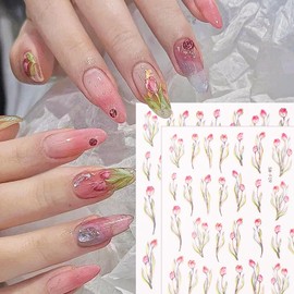 Floral Nail Art Stickers 2 Sheets Self Adhesive Tulip Design Gold Foil Nail Decals for Nail Art Nail Accessories Flower Nail Stickers Manicure Art Stickers Stickers Para uñas