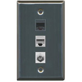RiteAV - 1 Port Coax Cable TV- F-Type 1 Phone RJ11 RJ12 1 Cat5e Ethernet Wall Plate - Stainless Steel
