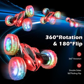 Remote Control Car, RC Cars Stunt Car Toys for Kids, 2.4Ghz High Speed Double-Sided 360°Rotating Toy Cars with Headlights and Wheel Lights, Christmas Birthday Gifts for Boys Girls Age 6-12（Red）