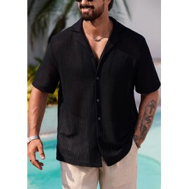 Herberton Men's Loose Fit Shirt Textured Top Summer Beach Cuban Casual Stylish Button Down Shirt Black L