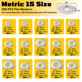 Flat Washers, 520 Pcs SAE + Metric 23 Sizes Flat Washers Assortment Set, 304 Stainless Steel Assorted Hardware Washers Kit for Screws and Bolts (M3 M4 M5 M6 M8 M10 M12 6# 8# 10# 1/4 5/16 3/8 1/2)