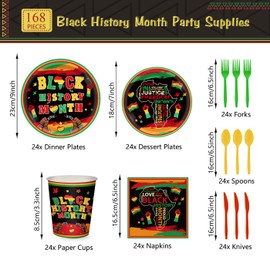 168pcs Black History Month Party Supplies Paper Plates Napkins Disposable Tableware Set African American Black Month Disposable Cups for Juneteenth Freedom Day Party Supplies Serve 24