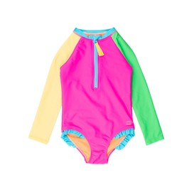 RuffleButts Girls UPF50+ Sun Protection Front Zipper Long Sleeve Rash Guard One Piece Swimsuit - Neon Color Block, 5