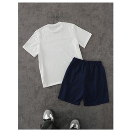 Floerns Boy's 2 Piece Outfit Letter Print Short Sleeve Tee and Floral Shorts Set White and Blue 11Y