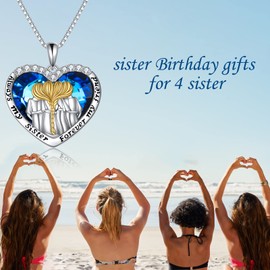 POPKIMI Sterling Silver Sisters Necklace for 2/3/4/5 - Always My Sister Forever My Friend - Blue Crystal - Women's Gift