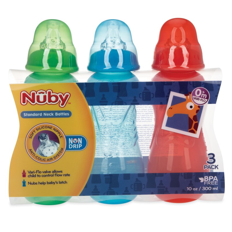 Nuby - Botellas de cuello estándar antigoteo, 10 onzas, neutros