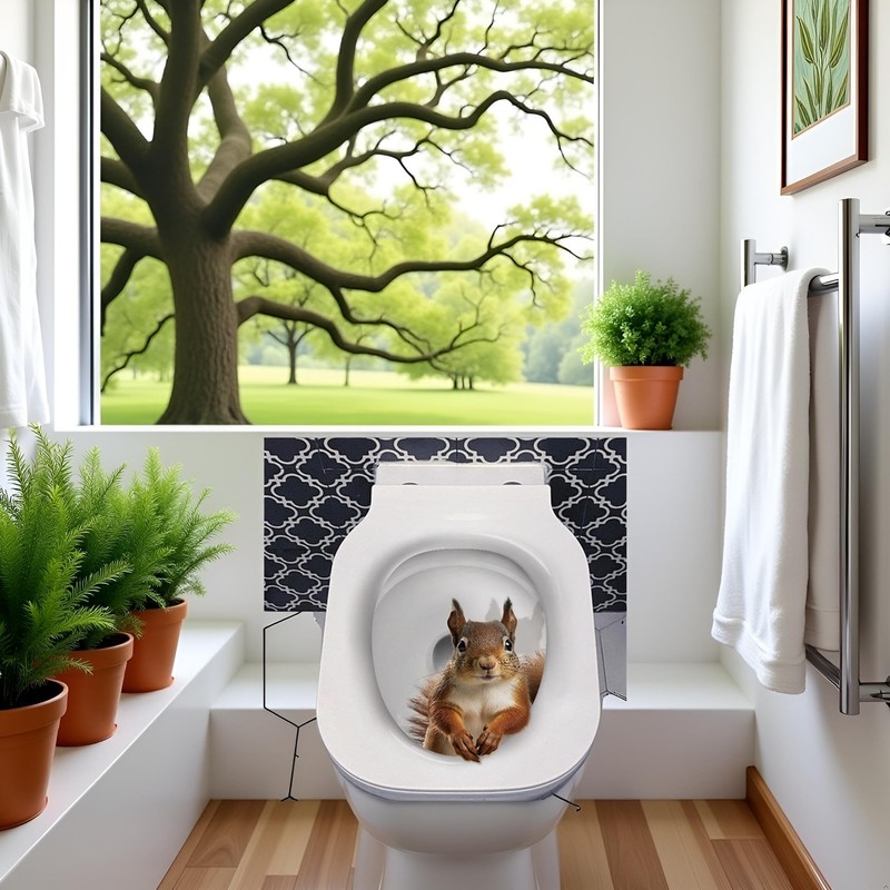 3D Squirrel Toilet Lid Decal, Brown Botanical Sticker, Waterproof Vinyl,