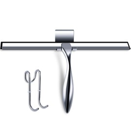 peafowl 10 inch Shower Squeegee Stainless Steel Bath Squeegee for Shower Glass Doors Bathroom Windows Kitchen Mirror and Car Glass with Hooks Holder (10 inch, Silver)