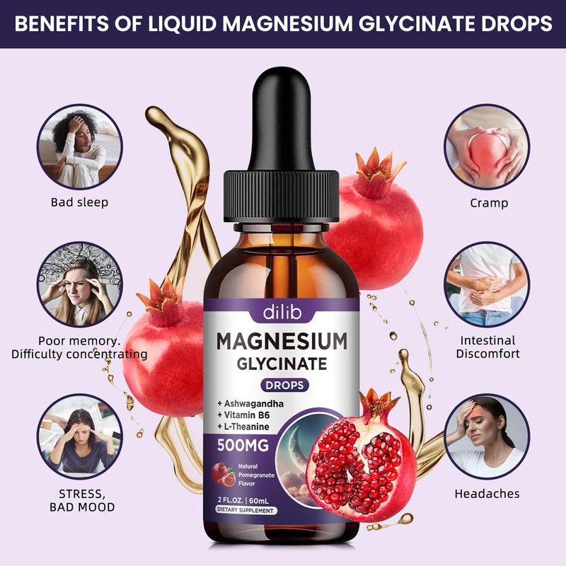 Magnesium Glycinate Liquid Drops 500mg, with Vitamin B6, Ashwagandha, L