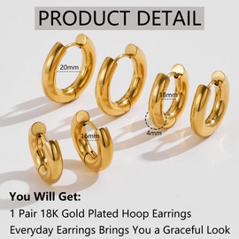 KASFREE Gold Plated Hoop Earrings Mens Hoop Earrings Chunky Huggie Hoop Earrings for Women Hypoallergenic Dainty Hoop Earrings for Women, Stainless Steel, No Gemstone
