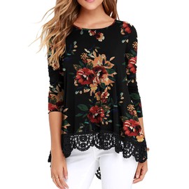 QIXING Women's Tops Floral Printed Tunic Long Sleeve Lace Trim Shirts Blouse FP Brown Black-Small