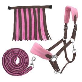 PFIFF Sunny 103103 Headcollar Set, 3-Piece Set of Headcollar, Knit and Fly Fringe, Individually Adjustable, Brown-Pink, Pony
