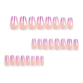Gradient Purple Press on Nails Medium Coffin Fake Nails Shiny Aurora Glue On Nails Lilac Ombre Stick on Nails Glossy Reusable Acrylic Nails for Women Girls Manicure 24pcs