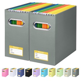 BALEINE File Organizer Box, Cardboard File Folder Organizer with Handle for Letter Size, Portable Collapsible Hanging Filing Box for Home Office Document Storage (2 Pack, Grey)