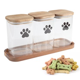 Dog Treat Container airtight Treats jar for countertop Closet Dog Food Storage 3 Jars with Tray Great for organizing pet Dogs Cats Birds Animal Food Treats Snack Khaki Bar