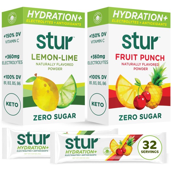 Stur Electrolyte Hydration Powder | Variety Pack| High Antioxidants & B Vitamins | Sugar Free | Non-GMO | Daily Hydration & Workout Recovery | Keto | Paleo | Vegan (32 Packets)