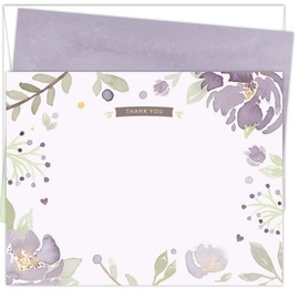 Koko Paper Co Purple Floral Thank You Cards | 25 Flat Note Cards and Envelopes | Printed on Heavy Card Stock.