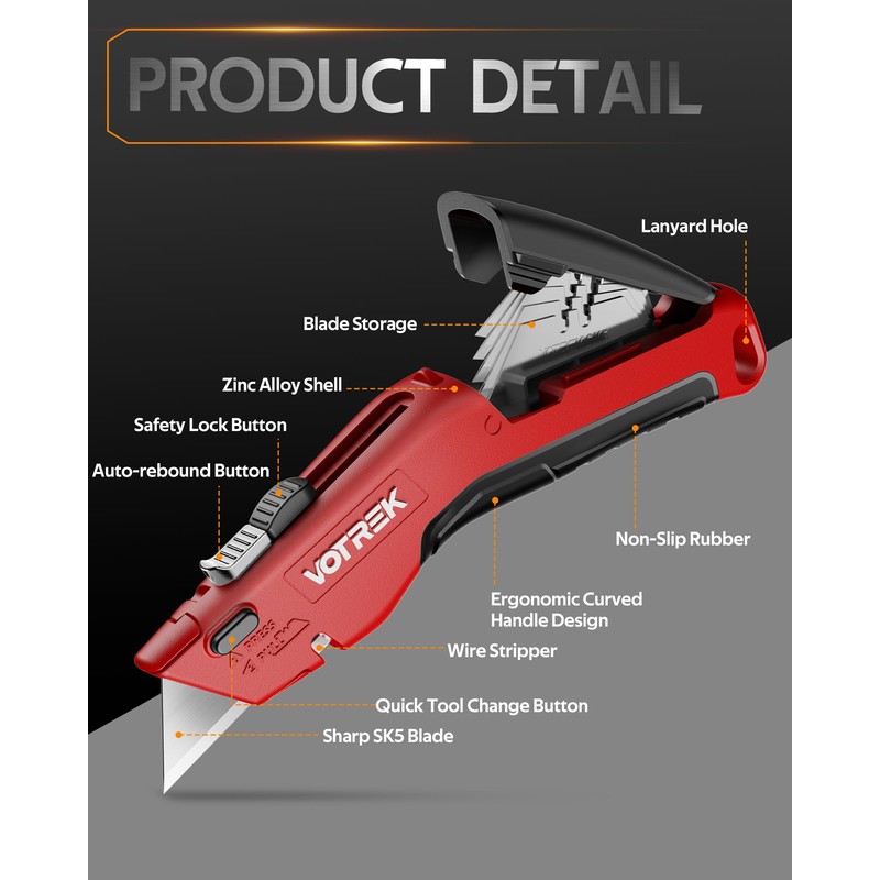 VOTREK® 2-Pack Box Cutter Utility Knife, [2-in-1] Retractable Box Cutter,