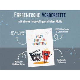 Geburtstagskarte Kinder Kino – A6 Postkarte mit Umschlag – Popcorn & Filmklappe Motiv – Lustige Grußkarte zum Geburtstag – Karte für Jungen & Mädchen – Filmliebhaber & Kinofans