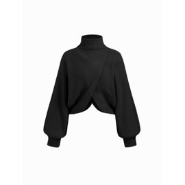 CIDER Cropped Sweaters for Women Turtleneck Sweater Long Sleeve Ribbed Knit Lantern Sleeve Pullover Fall Outfits Black
